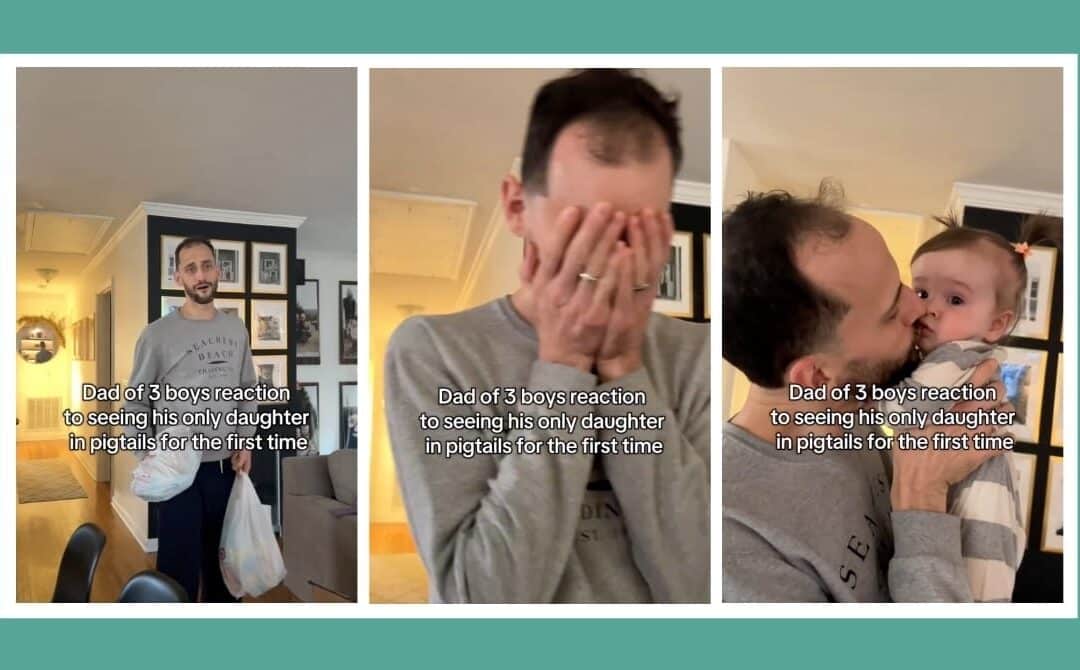 Dad of three boys sees his only daughter in pigtails for the first time—and completely falls apart