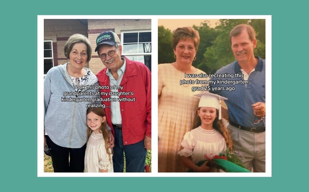 Mom accidentally recreates childhood photo with grandparents—25 years later
