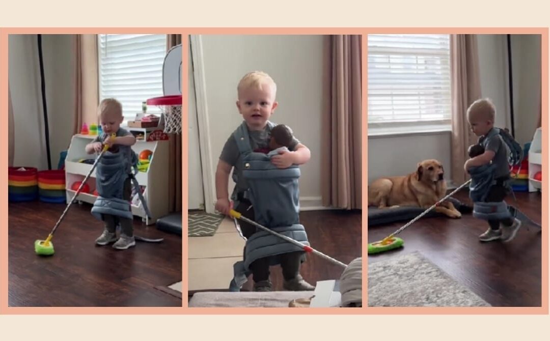 Toddler grabs the Swiffer and straps in his baby—what he does next has the internet cheering