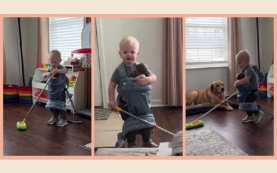 Toddler grabs the Swiffer and straps in his baby—what he does next has the internet cheering