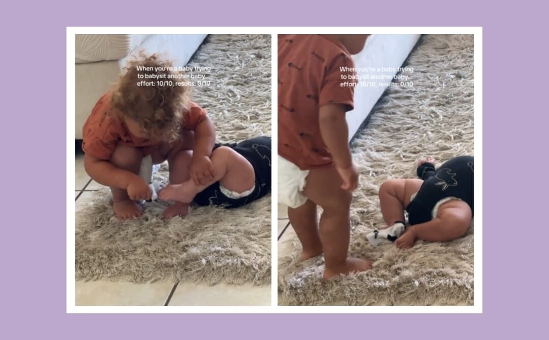 Big sister tries to help dress baby brother—what happens is pure two under two chaos
