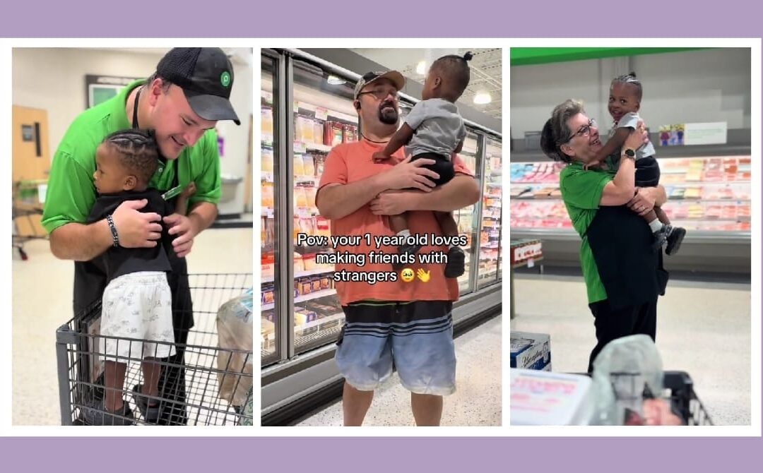 Shoppers stop as a toddler runs in for a hug—and an aisle turns into a smile line